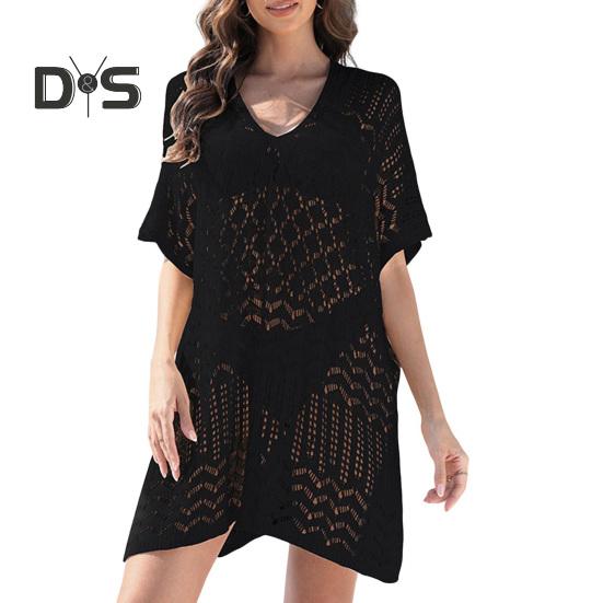 

Жіночі сітчасті в’язані купальники з прикриваючим V-подібним вирізом і короткими рукавами, видовбані пляжні речі Вільного крою в бікіні з прикриттям для подорожей у відпустку чорний