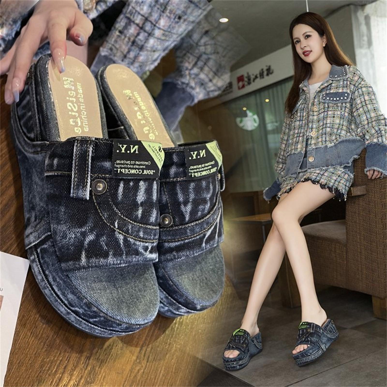

Washed Denim Outer Wear Thick-soled Sandals Fashionable Slippers For Women 39 синий