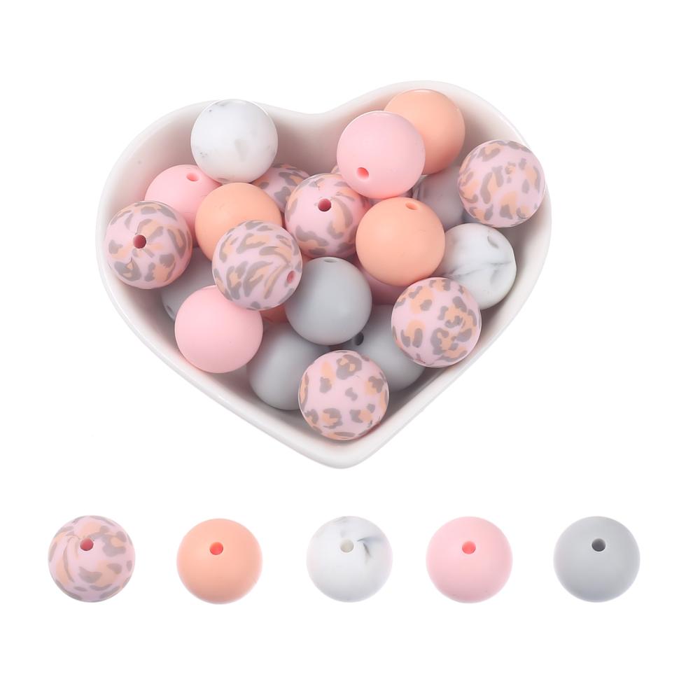 15mm 30Pcs Silicone Beads Round Print Food Grade Teething Beads for Baby Toy Soft Chew Teething DIY Pacifier Clips Necklace
