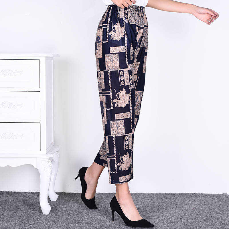 

Женские летние широкие брюки из ледяного шелка с цветочным принтом, большие размеры, эластичные повседневные свободные укороченные брюки с высокой талией One Size