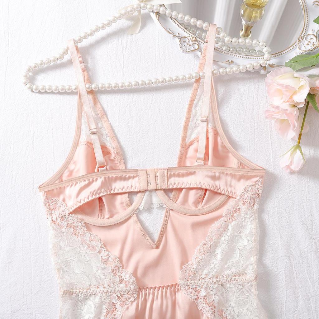 Women's Sexy Pajama Two-piece Set Solid Color Hollow-out Camisole Pajamas Bust-support Slim-fit Loungewear Set