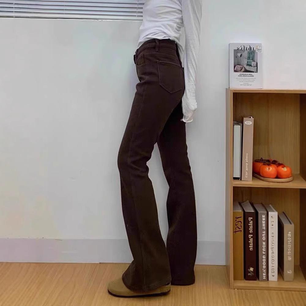 Thickened Brown Jeans for Women In Autumn and Winter New American High-waisted Slim Horseshoe Trousers
