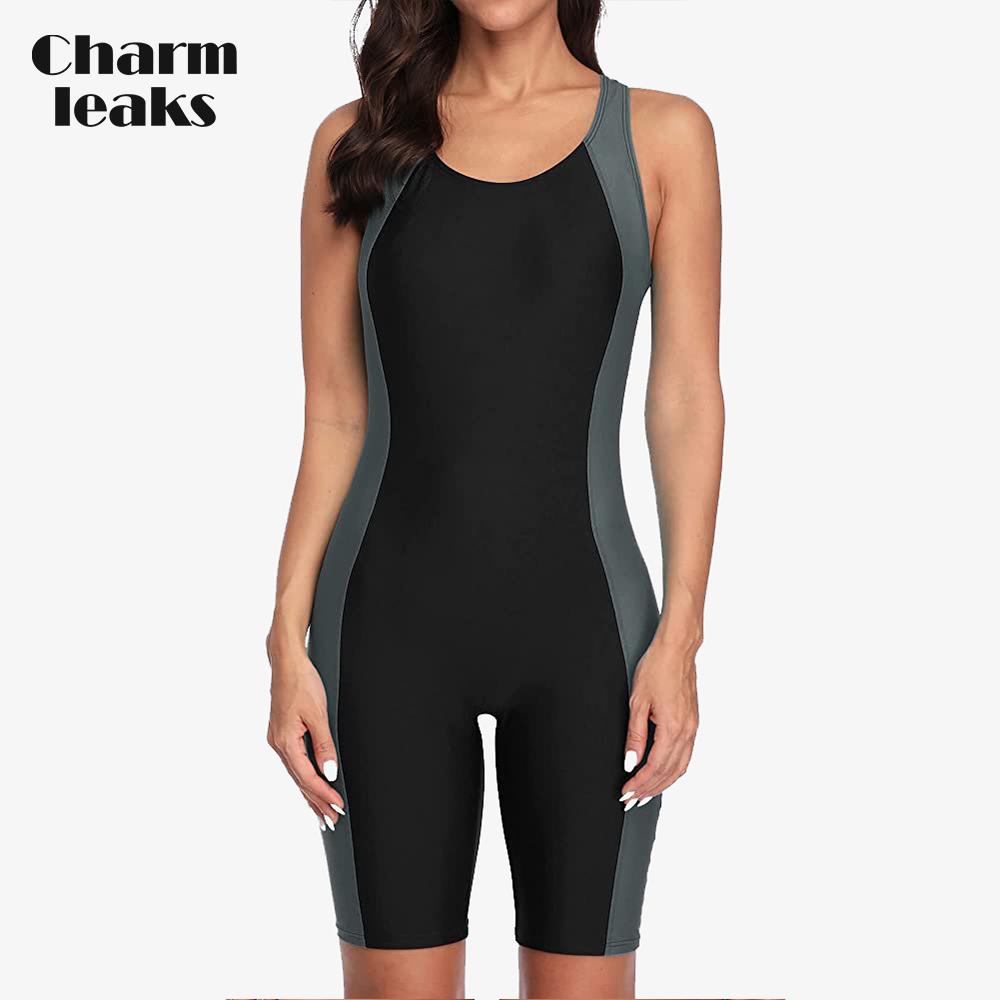 CHARMLEAKS Einteiliger Sport-Badeanzug für Damen, Pro Sports-Badeanzug, Boyleg Beach Wear, Farbblock