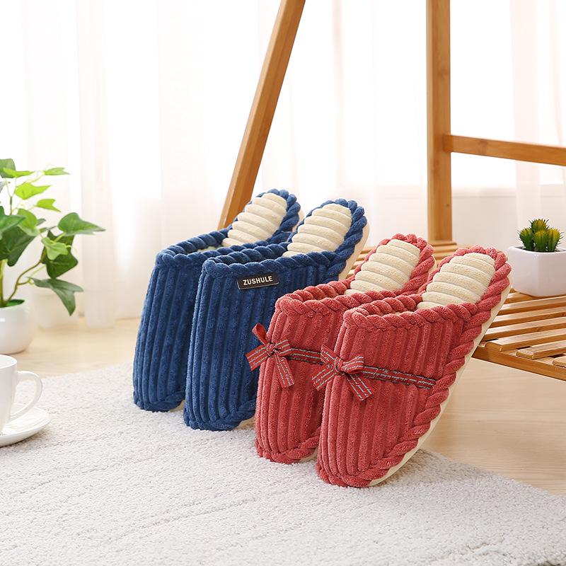 Unisex Non-slip Plush Corduroy Slippers with Bow, Warm Cotton Fleece Lining for Autumn and Winter