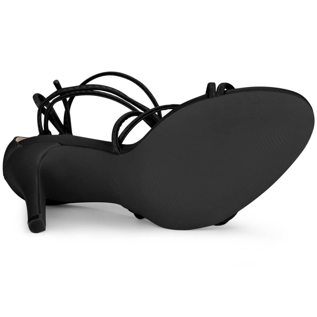 Allegra K Women's Black Pointed Toe Stiletto Heel Sandals with Lace-Up Heels and Straps, Size 27.0cm