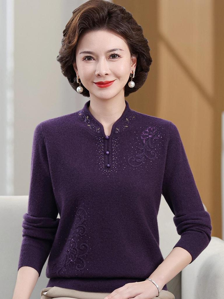 Benmingnian Red Wool Sweater for Middle-Aged Women - Plus Size Autumn/Winter Fashion Pullover