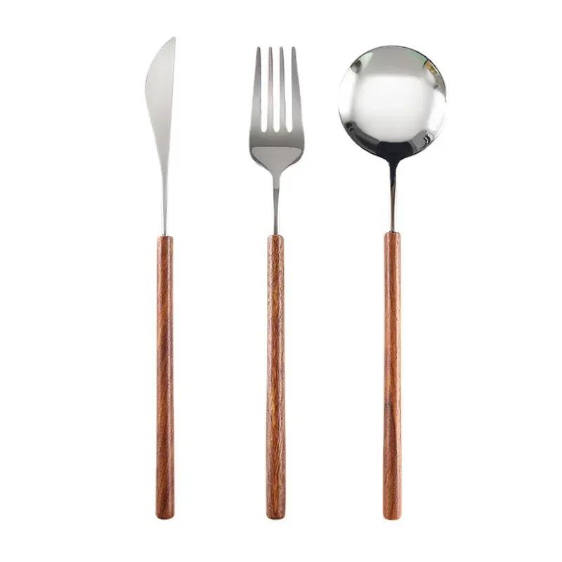 

Винтажная ручка из палисандра, нож для стейка, основной ужин, вилка, ложка, посуда из нержавеющей стали, гостиничный набор посуды в стиле легкой роскоши