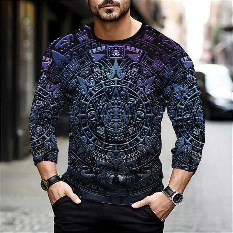 Spring And Autumn Long Sleeve Aztec Graphic Printed T-Shirts Men Street Casual Tops Female Loose Pullover Oversized Clothing Outdoor T Shirts