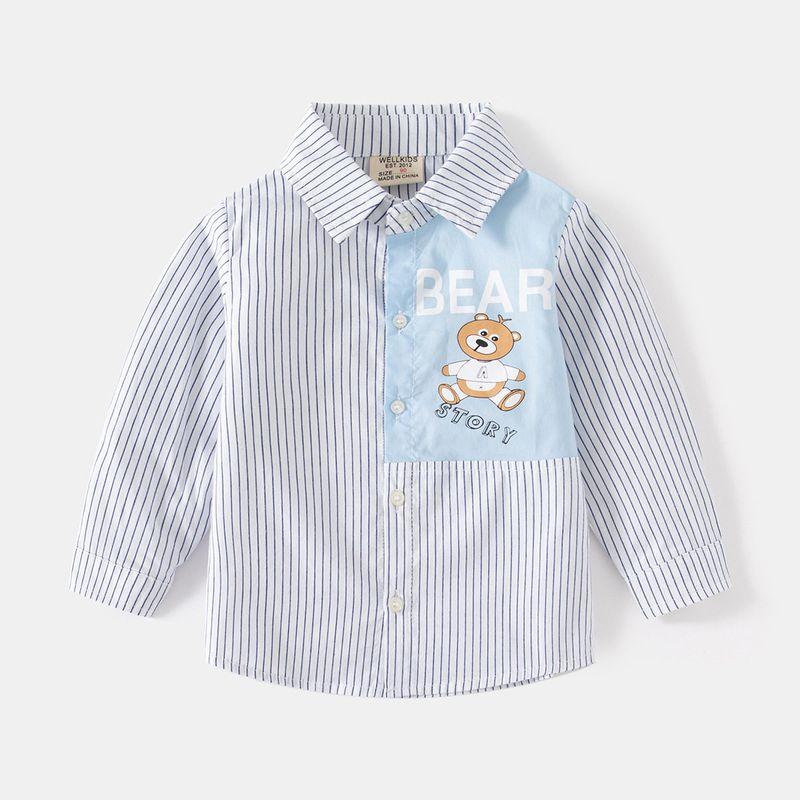 Little Bear Spring and Autumn Boys Striped Patchwork Long-Sleeve Shirt Children s Casual Turn-Down Collar Top Toddler Pure Cotton Shirt White Striped Bear Long-Sleeved Shirt 130