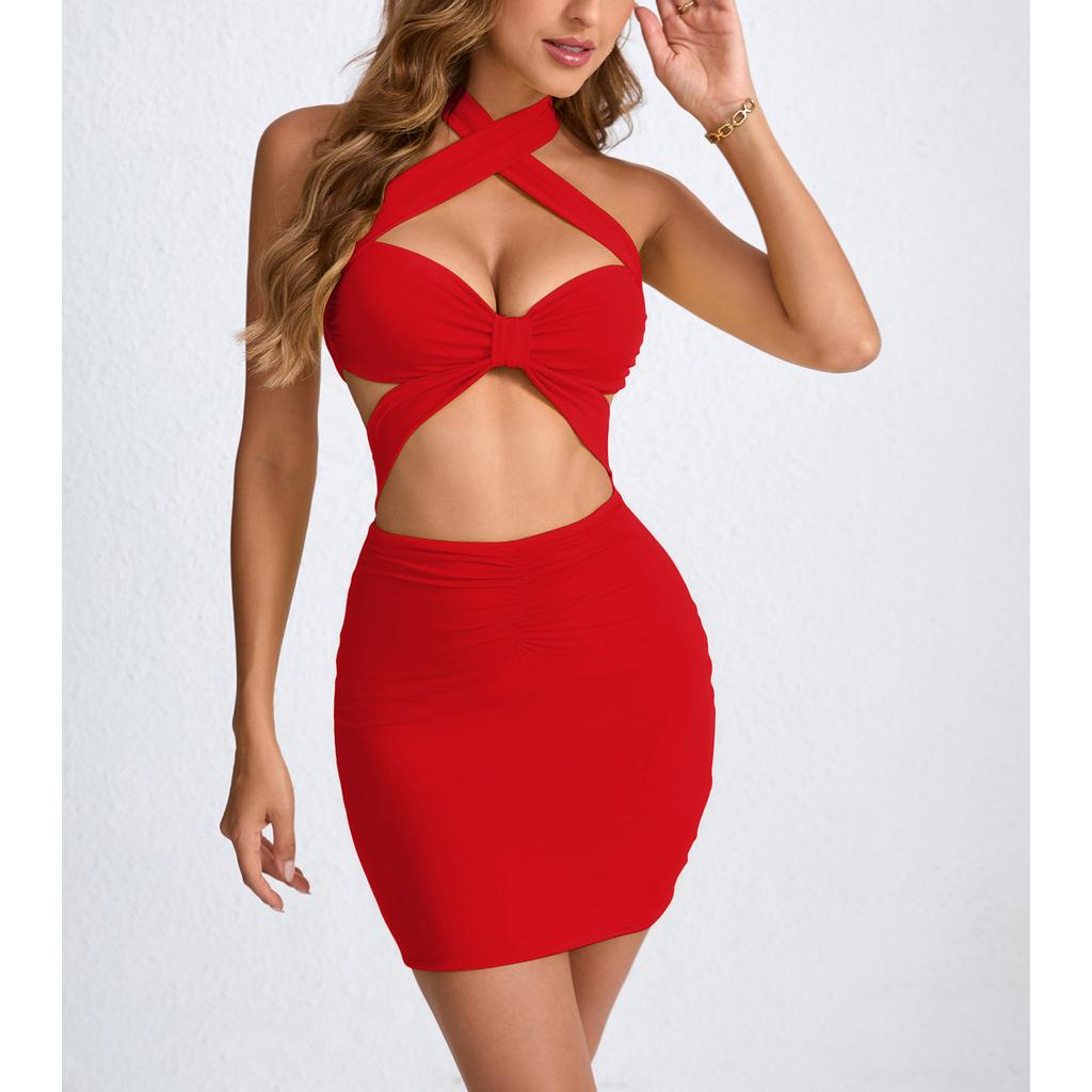 Updated Womens Short Skirt Summer Hollow Neck and Hip-pack Sexy Dress