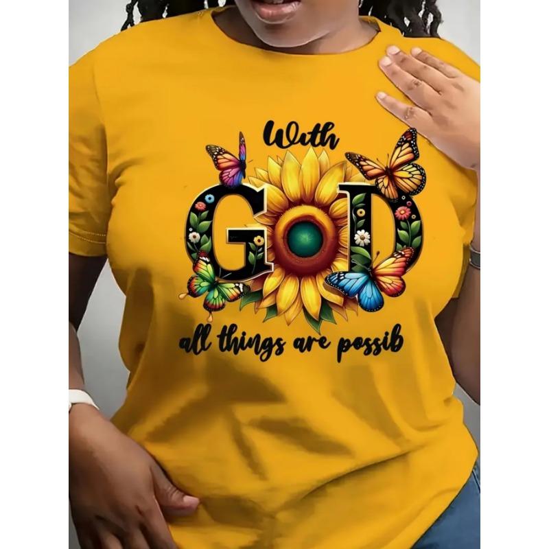 

With God All Things Are Possible Women s Tee, Sunflower Butterfly Yellow Top S