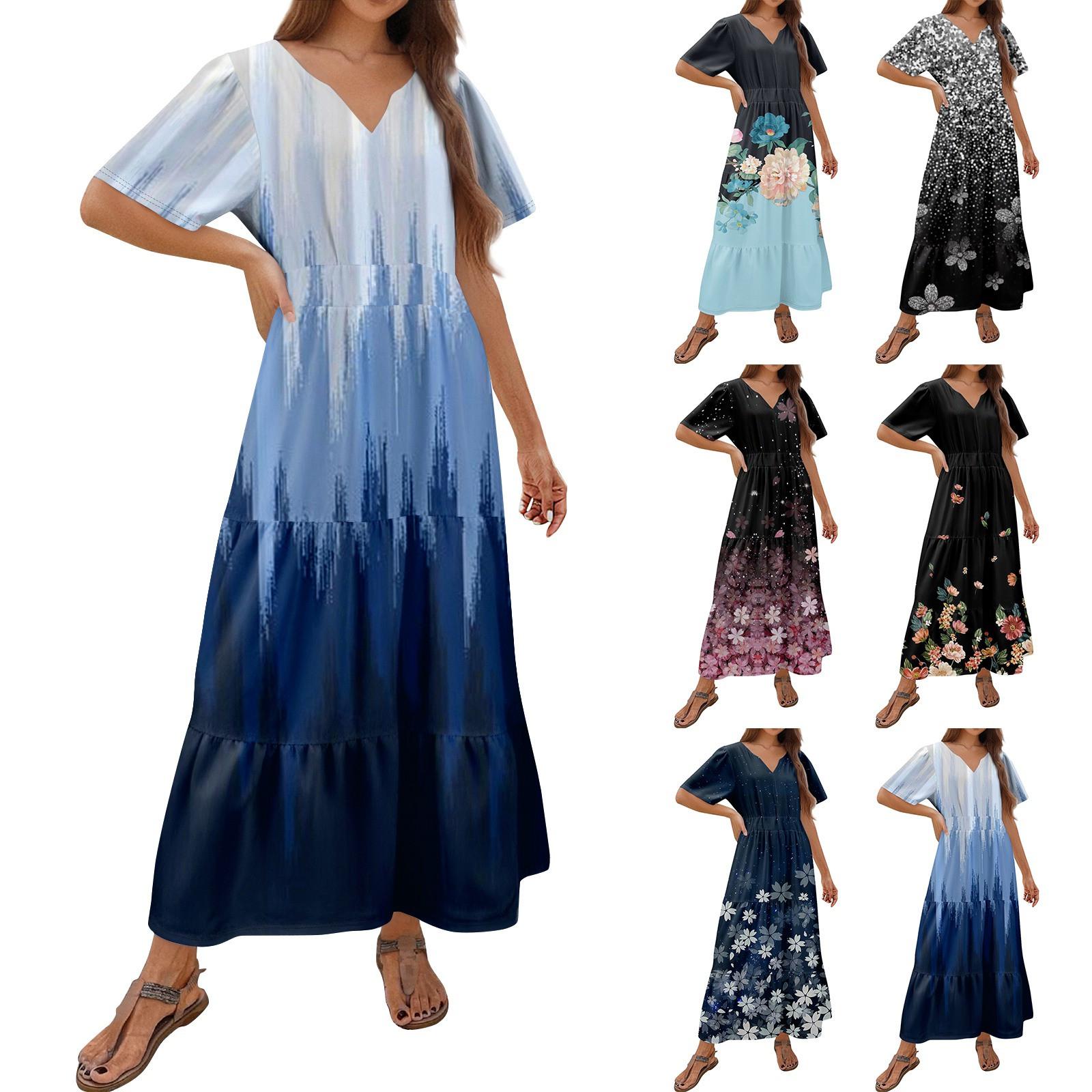 

Women s Summer Floral V Neck Maxi Dress Short Sleeve High Waist A Line Tiered Flowy Boho Vacation Dresses S
