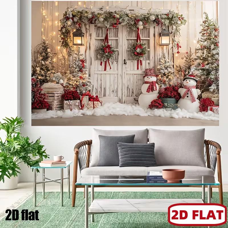 2D Farmhouse Christmas Backdrop Door with Snowman & Wreath Photography Background