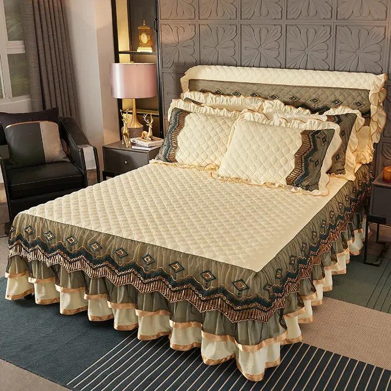 Soft Ruffles Bedskirt Set Queen European Vintage Lace Velvet Thicken Bedspread King Size Wedding Quilted