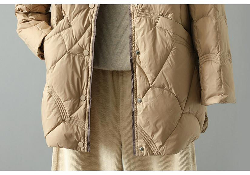 Women's Cross-Border Stand Collar Medium-Long Loose Down Jacket - White Duck Down, Light, Warm, Autumn/Winter, Xiangyun Style.