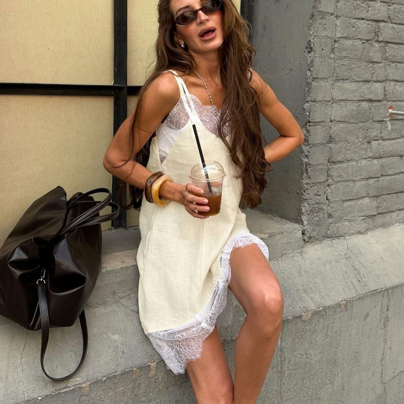 Elegant Ladies Double Layer Lace Spliced Dress Light Beige Linen Spaghetti Strap Camisole Dress Loose Fit V Neck Daily Vacation Beach Outfit Sundress