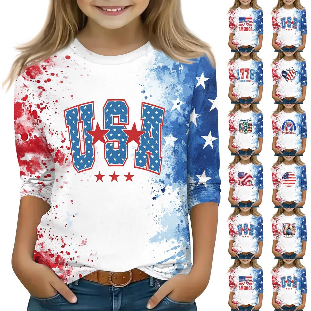 Print Tops For Youth Girls Round Neck 3/4 Sleeves T-Shirts Trendy Tops Outfit Tees