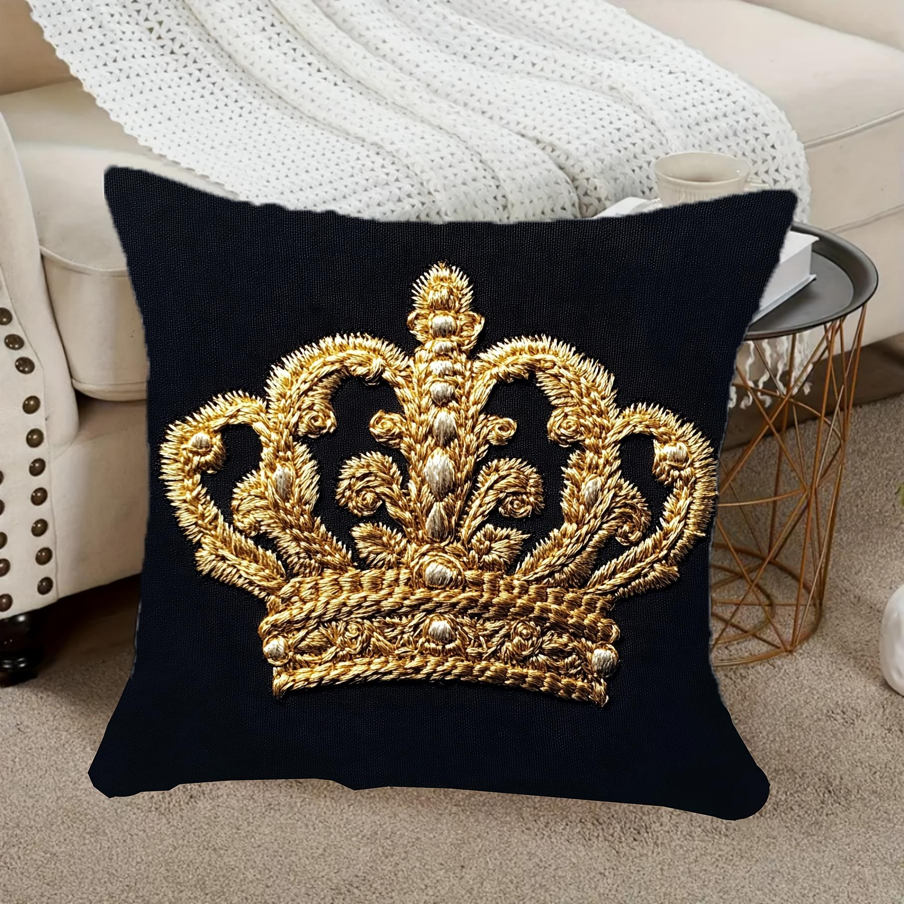Tonnika Chen Unisex Golden Crown Embroidered Pillowcase - Luxury Home Decor, Perfect For Living Room And Bedroom, Ideal Gift For Royal Theme Lovers