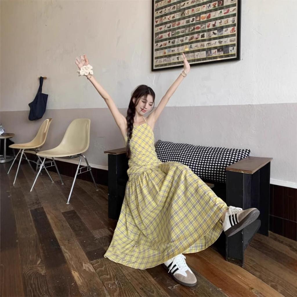 Neck Skirt Dress Women's Summer New Suspender Skirt Yellow Plaid Waist Backless Vacation Dress
