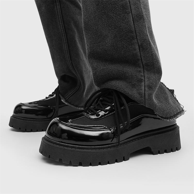 Fashion Solid-Color Patent Leather Mesh Men's Lace-Up Casual Shoe Comfortable And Durable Walking Shoe Breathable Round-Toe Travel Shoes