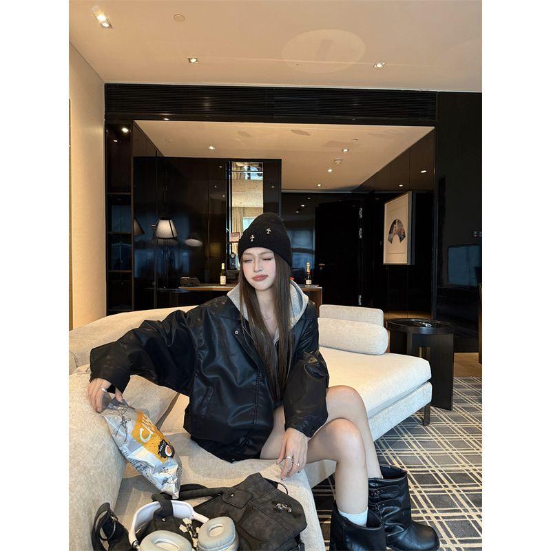 

Kumikumi Чувство дизайна Черная куртка с длинным рукавом из искусственной кожи Женская Осенняя Универсальная Свободная Приталенная Темпераментный Топ Black Leather Outwear S