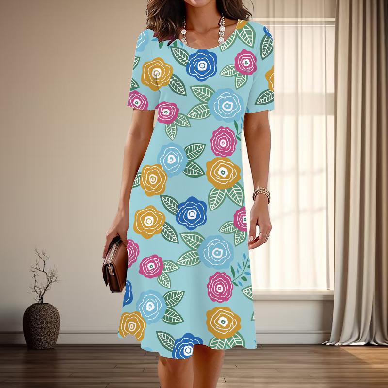 

Женская мода изящный бант с принтом лето весна короткий рукав О-образный вырез повседневные платья XS синий