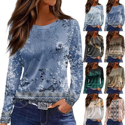 Women's Fashion Casual Slit Hem Round Neck Long Sleeve Loose  Printed T-Shirt Ladies Top