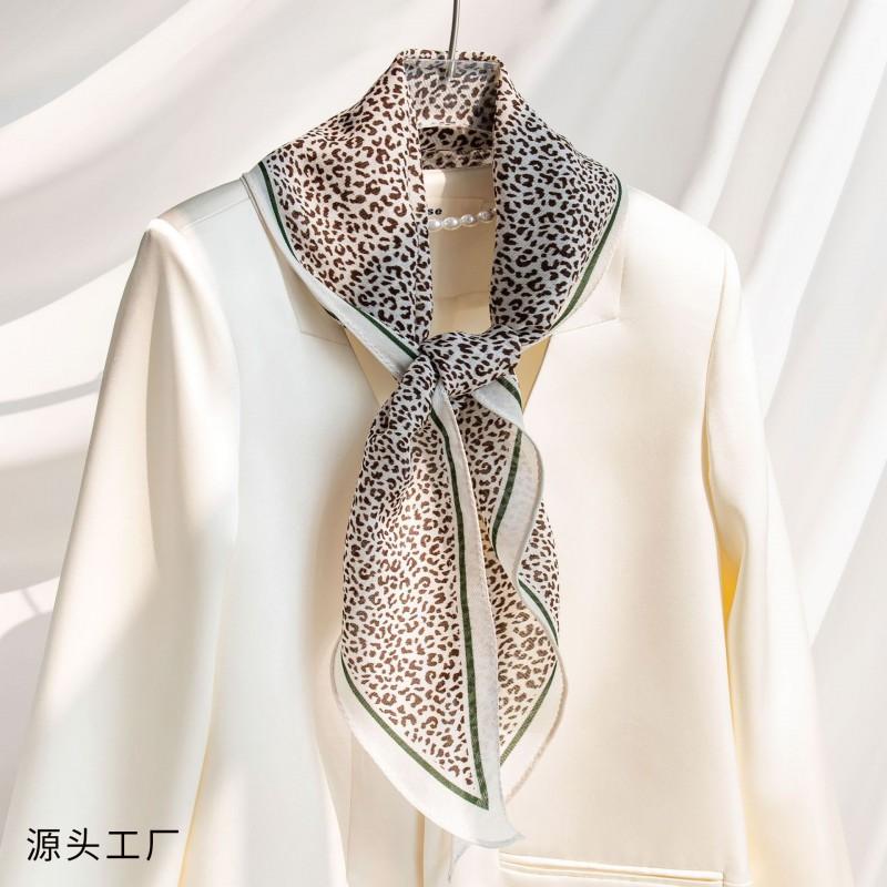 2026 Womens Silk Scarf Long Striped Leopard Print White Edge Fashion