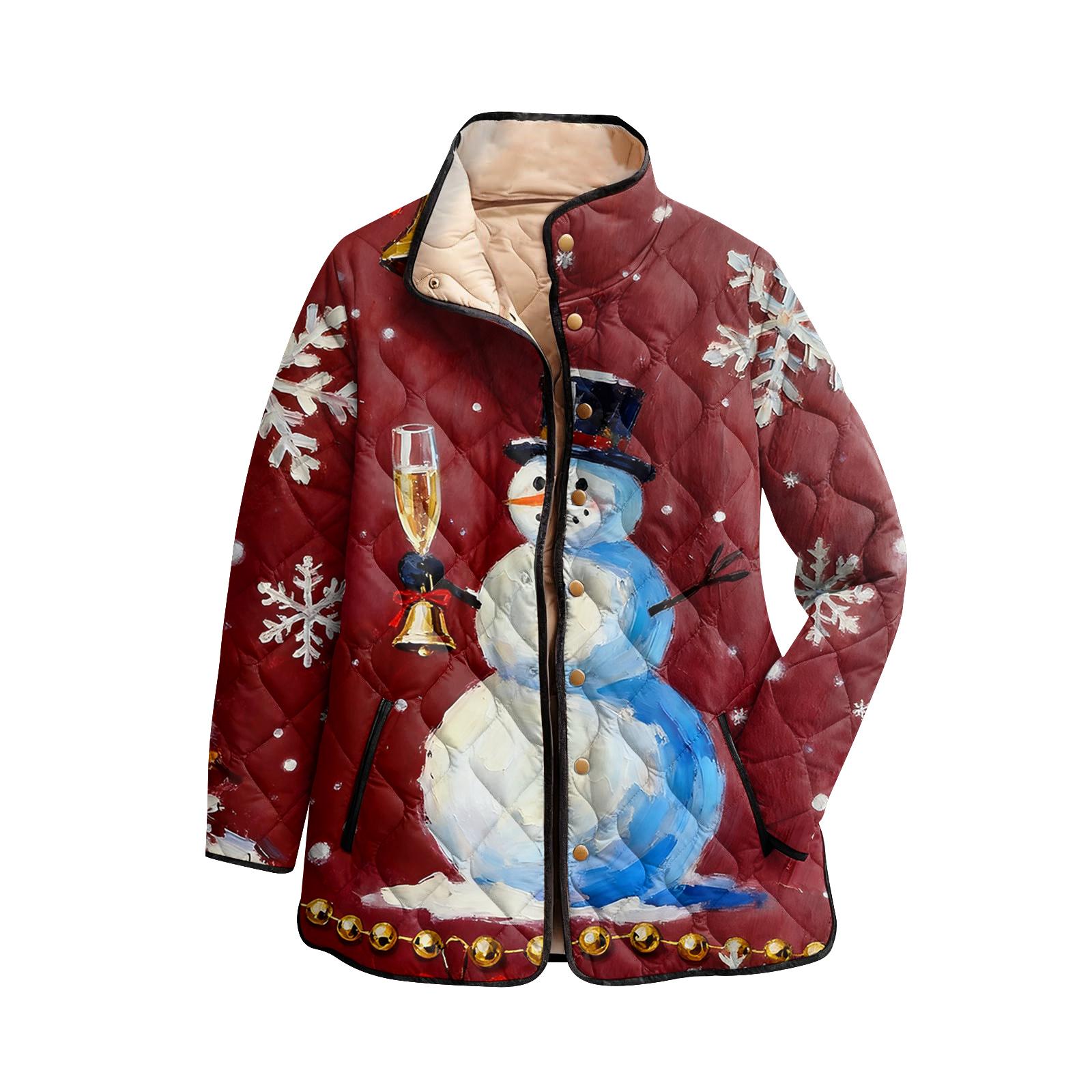 

Женское хлопковое пальто на пуговицах с высоким воротником, рождественским принтом, с подкладкой и длинными рукавами XS винный