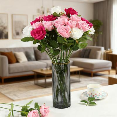 10Pcs Artificial Velvet Rose Realistic Long Stem Fake Flower with Green Leaves Home Office Wedding Party Faux Flower Decoration Valentine's Day Gift