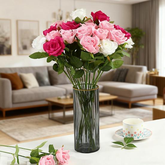 Artificial Rose Flower Realistic Long Stem Faux Silk Rose Bouquet for Valentine's Day Home Wedding Party Centerpiece Flower Arrangement