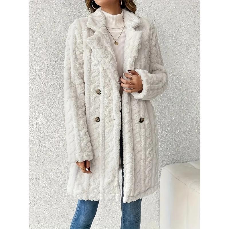 Double Breasted Lapel Teddy Bear Coat, Hundred Long Sleeve Textured Warm Winter Coat, Women's Clothing