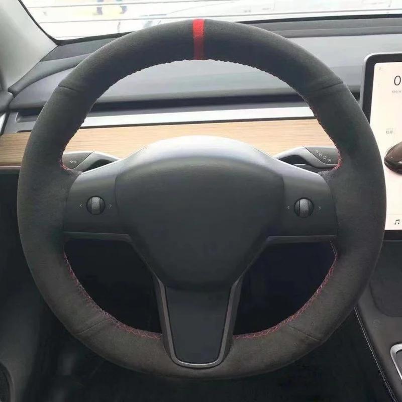 Benutzerdefinierte DIY Auto Lenkradbezug Kohlefaser Wildleder Leder Für Tesla Model 3 2017 2018 2019 2020 Auto Innenzubehör