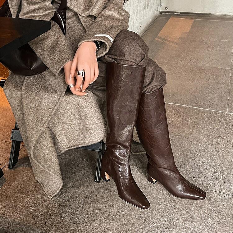 

Europe Station~ Small Coarse Heel Leather Knight Boots 2025 Autumn and Winter New Square Head Full Leather High Boots High Definition 39 коричневый