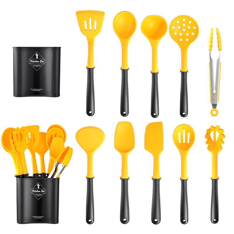 Set di Attrezzi da Cucina in Silicone Patchwork Nero e Giallo, Set da 10 Pezzi, Secchiello Contenitore per Utensili da Cucina