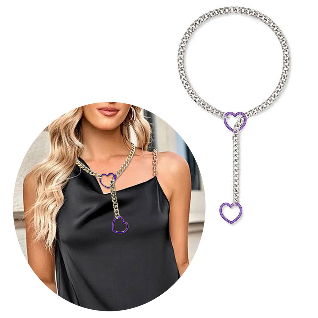 Women Slip Chain Necklace with Heart Pendant Cuban Link Neckchain Adjustable Length Clavicle Chain Metal Jewelry