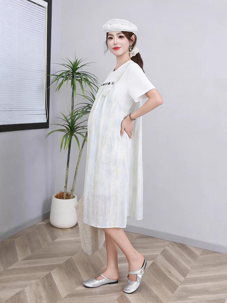 Plus Size Tie-Dye Maternity Strap Dress - 9 Sizes, Summer Two-Piece Look, Loose and Slimming for Late Pregnancy