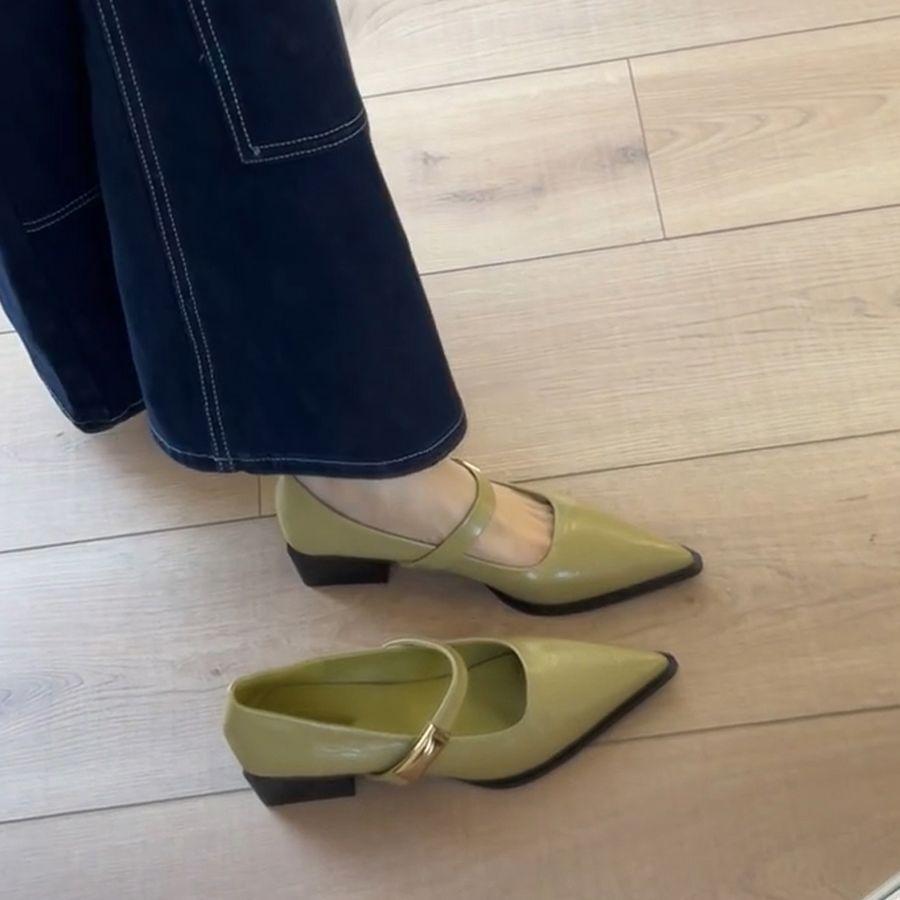 Französische spitz zulaufende Temperament-Mary-Jane-Schuhe mit dickem Absatz mit einem Wort, absolut vielseitige Pendler-Grünlicht-Mund-Einzelschuhe, Damen