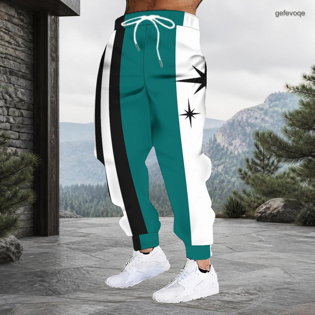 Men Plus Size Drawstring Printed Jogger Pants Teal White Black Striped Star Pattern Cuffed Ankle Side Pockets