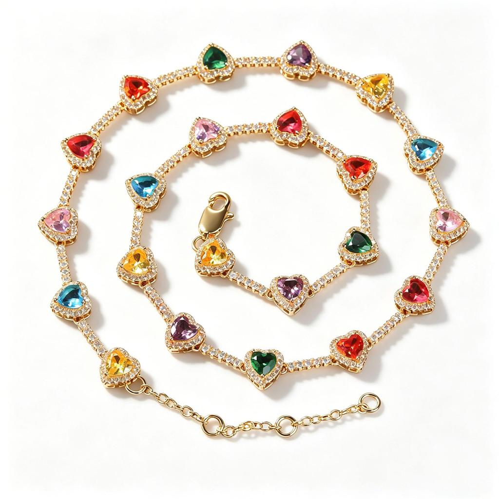 High-End Light Luxury Copper Heart Necklace & Bracelet with Colorful Zircon Inlay