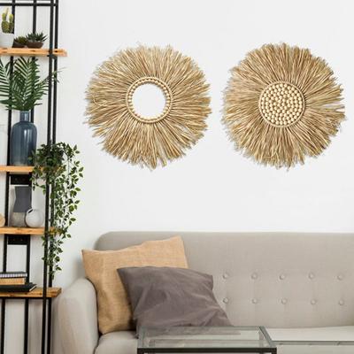 Wall Hanging Wall-mounted Handcrafted Round Handmade Mirror Wood Beads Ornament Home Office Decor
