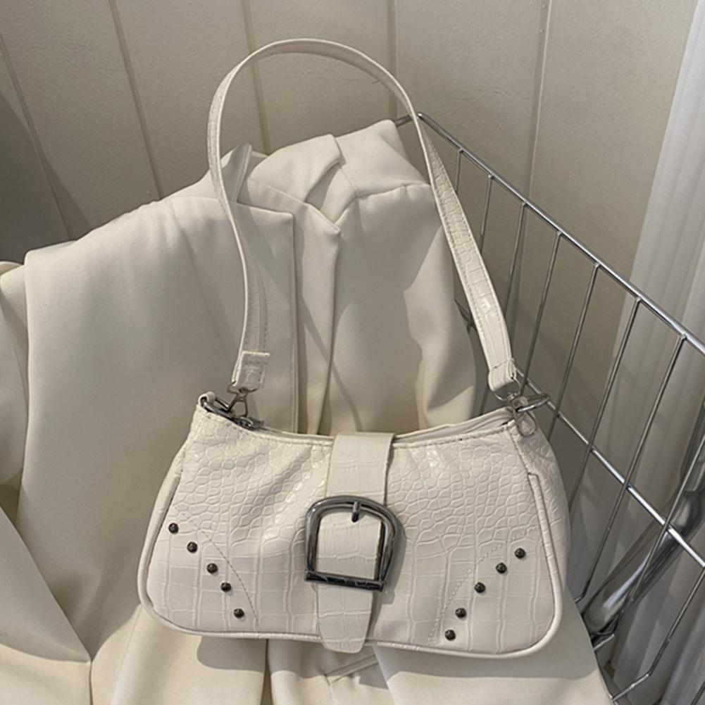 

Women Top-handle Bag Rivets PU Leather Shoulder Bag Y2K Punk Fashon Summer Simple Casual Alligator Pattern Trends Handbags бежевий