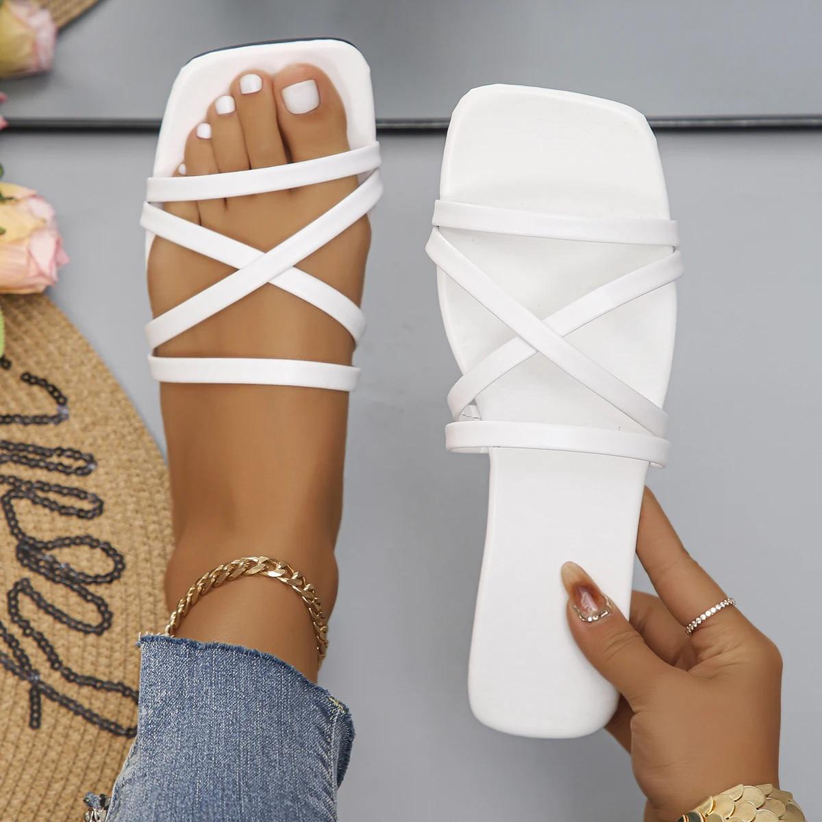 

Модные летние однотонные плоские тапочки женские квадратные тапочки для улицы повседневные пляжные шлепанцы женская обувь узкие сандалии Zapatos Mujer 35