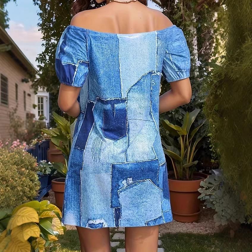Women's Off Shoulder Puff Sleeve Denim Print Short A-Line Casual Dress