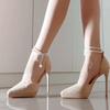 Niche Design One-word Pearl Chain Temperament Versatile Single Shoes Korean Version Nude Suede Waterproof Table Hollow High Heels Women
