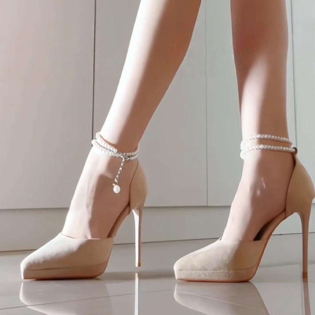 Niche design one-word pearl chain temperament versatile single shoes Korean version nude suede waterproof table hollow high heels women