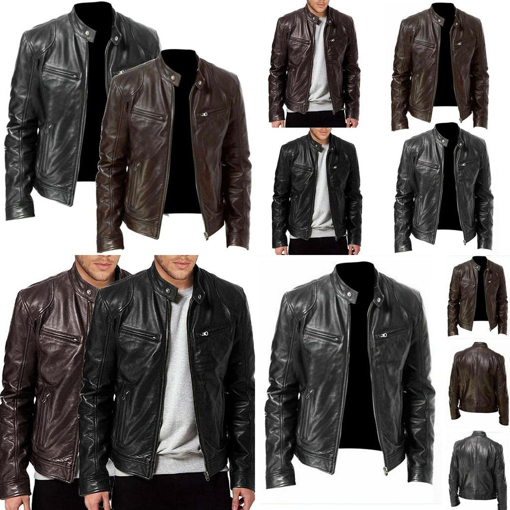 Classic Men's Faux Leather Jacket With Stand Collar For A Sleek Motorcycle Biker Look