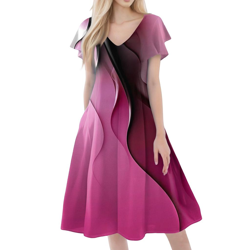 Women's Casual Fashion V-neck Short Sleeve Print Dress With Pockets