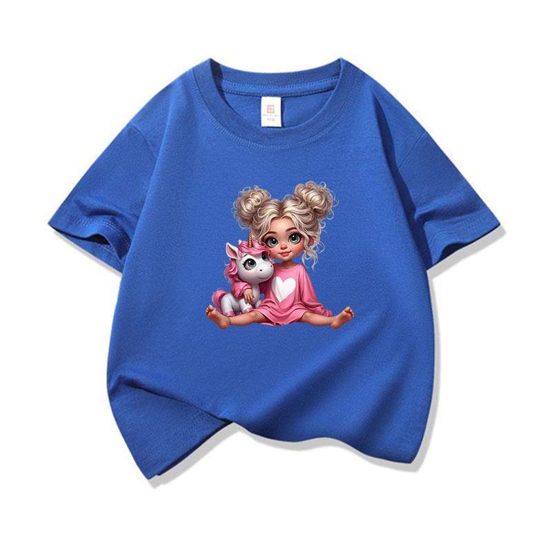 Kids Pure Cotton T Shirt Girl Sitting With Pink Unicorn Print Crew Neck Short Sleeve Tee Casual Boys Girls Summer Tops
