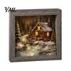 Miniature Landscape Art Christmas Sea Glass Shadow Box Night Light, 3D Winter Snow Scene Wooden Holiday Gift for Friends Frame with LED Warm